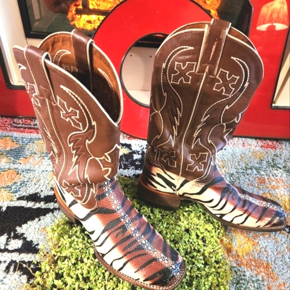 NOCONA TIGER RAY Leather Combo Cowboy Western Animal Festival BOOTS 9 men 11 wom